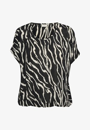 Bluzica s črno-belo zebro podobnim vzorcem, ohlapnega kroja, kratkimi rokavi in okroglim izrezom. Narejena iz lahkotne, teksturirane tkanine.