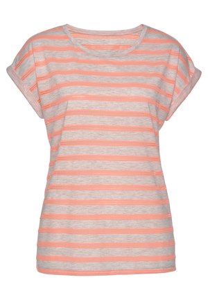 Chemise à manches courtes gris clair avec des rayures horizontales corail rose et des détails découpés décoratifs sur fond blanc.
