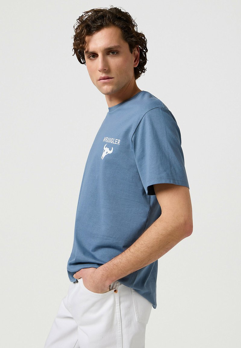 Wrangler GRAPHIC TEE - T-shirt con stampa - dusty blue/blu reale screziato