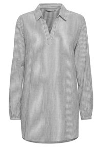 Camicia a maniche lunghe a righe con scollatura a V, colletto e vestibilità ampia. I colori sono grigio e bianco con una finitura in tessuto testurizzato.