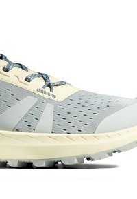 Grå mesh löparsko med beige detaljer, texturerad ovandel, förstärkt tåhätta och gummisula. Har blå snören och ventilationshål.