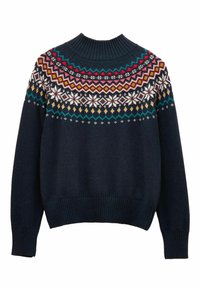 Marineblauer Pullover mit hohem Kragen. Mit einem gemusterten Passe aus Blumen und geometrischen Formen in Rot, Pink, Gelb und Türkis. Gerippte Bündchen und Saum.