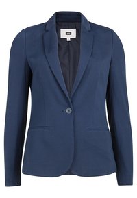 Blazer de mujer azul marino de un solo botón con solapas en pico, dos bolsillos frontales de ojal y corte entallado.