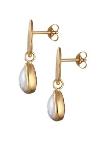 Guld dråbeøreringe med en pæreformet månestone, glat finish, og et enkelt hoop design med en sikker låsemekanisme.