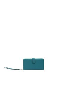 Teal leren portemonnee met een gestructureerde afwerking, rechthoekige vorm, ritsafsluiting en een polsband. Opvallende drukknoopaccent aan de voorkant.
