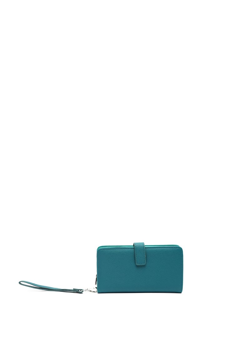 Teal leren portemonnee met een gestructureerde afwerking, rechthoekige vorm, ritsafsluiting en een polsband. Opvallende drukknoopaccent aan de voorkant.