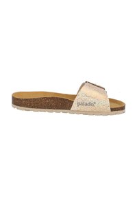 Sandalo a spillo con una parte superiore dorata testurizzata e suola simile al sughero. Presenta una fascia ampia con un motivo sottile, marchiata "palado."