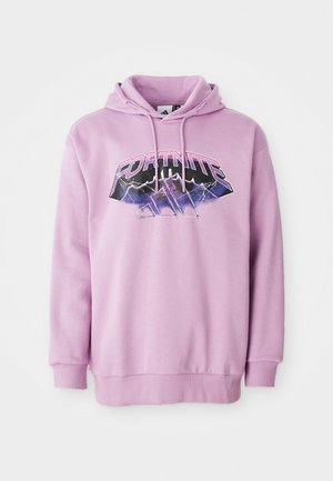 Ružová mikina s kapucňou a šnúrkou, s veľkým grafickým nápisom "FORTNITE" v čiernej a fialovej farbe. Vyrobená z bavlneného zmesi, s ribbenými manžetami a spodným lemom.