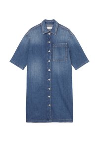 Sukienka koszulowa z denimu w średnim niebieskim kolorze, z zapięciem na guziki z przodu, krótkimi rękawami i kieszenią na piersi. Posiada wyblakłe sekcje oraz przeszywające akcenty.