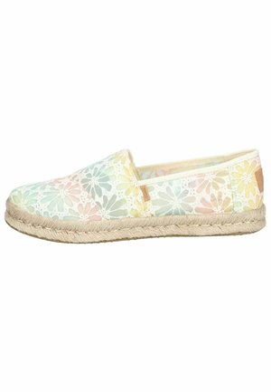 Canvas instap schoenen met pastelkleurig bloemenpatroon, natuurlijke jute buitenzool en lichtbruine accentlabel. Glad, lichtgewicht materiaal.
