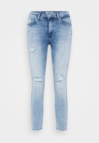 Jeans de mezclilla de color azul claro con detalles desgastados, ajuste skinny, diseño de cinco bolsillos y dobladillo deshilachado. Confeccionados en algodón con un ligero estiramiento.