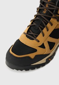 Close-up of a tan and black hiking shoe with textured sole, black mesh fabric, and speckled round laces on a white background.
