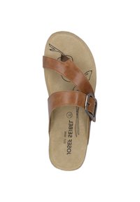 Brown leather sandal with two wide straps, adjustable buckle, and contoured footbed. Interior features a floral pattern. Flat sole.