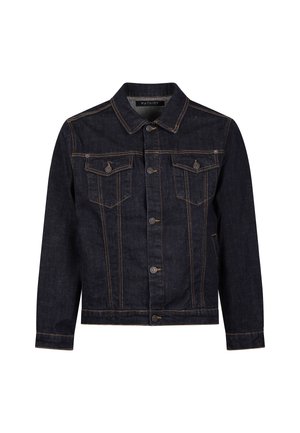 Granatowa kurtka dżinsowa z zapięciem na guziki, dwoma klapowymi kieszeniami na piersi oraz kontrastującym pomarańczowym przeszyciem, kołnierzem i długimi rękawami.