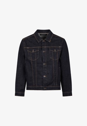 Donkerblauwe spijkerjas met knoopsluiting, twee borstflapzakken en contrasterende oranje stiksels, kraag en lange mouwen.