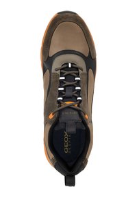 Brown and black athletic shoe with orange accents, featuring a suede and mesh upper, laces, and a padded collar for comfort.