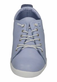 Light blue leather sneaker with white lace detailing, round toe, and white rubber sole. Smooth texture and minimalistic design.