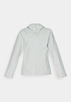 Jachetă impermeabilă de culoare gri deschis, cu glugă, fermoar pe toată lungimea în față, mâneci lungi și două buzunare laterale; textură netedă și branding minim.