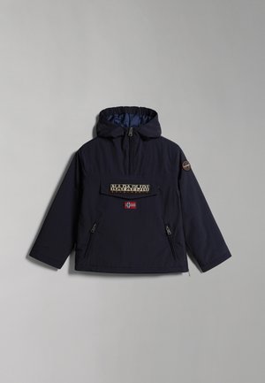 Marineblaue Kapuzenjacke aus leichtem Stoff. Verfügt über eine Vorderasche, Reißverschluss-Seitentaschen und ein Logo mit der norwegischen Flagge.