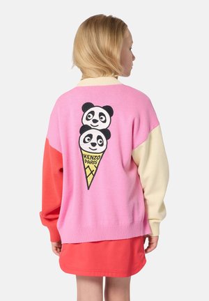 Knit sweater with pink body, cream sleeves, and red accents. Features embroidered panda graphic with ice cream cone and "Kenzo Paris" text.