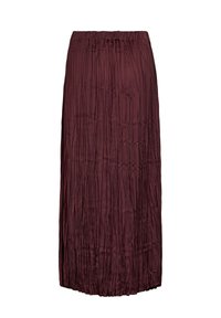 Jupe longue couleur prune avec plis froissés verticaux et taille élastique, en tissu léger.