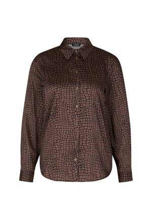 Chemise marron à motifs avec col, manches longues, boutonnage sur le devant, fabriquée dans un matériau lisse avec un design texturé.