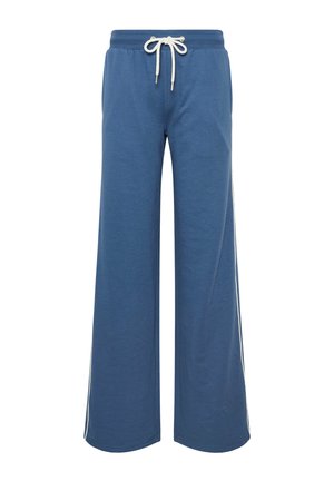Pantaloni della tuta a gamba larga blu con cintura elastica e coulisse bianca, con strisce laterali bianche.
