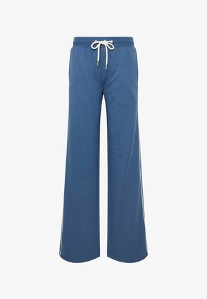 Pantaloni della tuta a gamba larga blu con cintura elastica e coulisse bianca, con strisce laterali bianche.