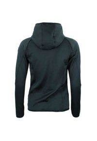 Veste noire à capuche avec manches longues, en tissu lisse et extensible. Présente des détails de coutures et une capuche arrondie.