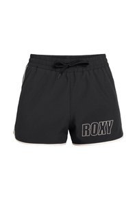Sorte sportsshorts med elastisk liv, snor og hvite accenter; har fremtredende "ROXY" logo i hvitt på siden.