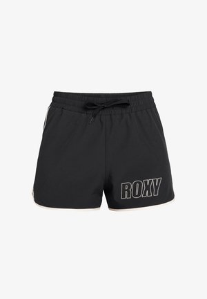 Shorts de sport noirs avec ceinture élastique, cordon de serrage et accents blancs ; présente un logo "ROXY" en blanc sur le côté.