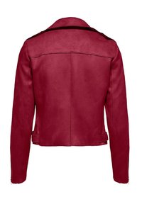 Vue arrière d'une veste en cuir profond rouge ajustée avec des manches longues, un large col et des sangles latérales réglables avec boucle.