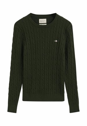 Grüner Kabelstrickpullover mit rundem Halsausschnitt, langen Ärmeln, gerippten Bündchen und Saum. Mit kleinem Logo auf der Brust.