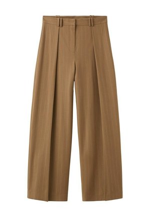 Pantalon marron taille haute à jambes larges avec fines rayures, plis sur le devant, passants pour ceinture et fermeture éclair dissimulée sur le devant.