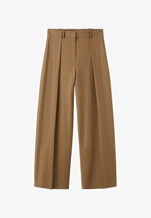 Rjave široke hlače z visokim pasom in nežnimi črtami, sprednjimi gubami, zankami za pas in skritim sprednjim zadrgo.