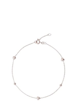 Zartes silbernes Kettenarmband mit kleinen Herz- und runden Perlenanhängern und einem Federringverschluss.
