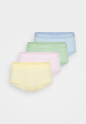 Set van vier vrouwen hipster slips in pastelkleuren: geel, roze, groen en blauw. Gemaakt van zachte stof met het "PIECES" logo op de taillebanden.