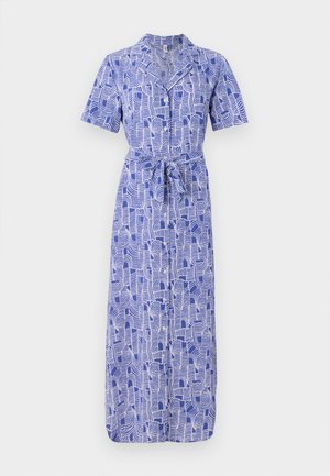Vestido azul con estampado, de mangas cortas, con botones en la parte frontal, cuello y cinturón en la cintura. Presenta líneas blancas abstractas y en espiral sobre un fondo azul sólido.