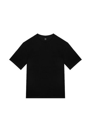 T-shirt noir à manches courtes et col rond, posé à plat sur un fond blanc, design simple sans motifs ni logos visibles.