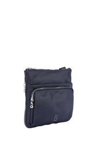 Borsa in nylon blu con due scomparti con cerniera, texture liscia e logo in rilievo sulla parte anteriore. Forma rettangolare compatta.