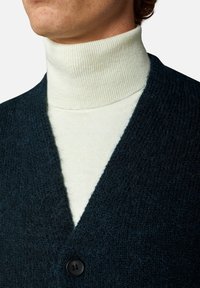 Donkergroene gebreide cardigan met een V-hals en een enkele zwarte knoop, gedragen over een crèmekleurige geribbelde coltrui. Zachte textuur, modern ontwerp.