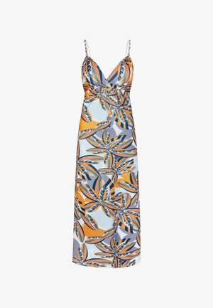 Letnia sukienka maxi bez rękawów z lekkiego materiału, zdobiona odważnym wzorem liści w odcieniach niebieskiego, pomarańczowego i szarego, z marszczoną talią i dekoltem w kształcie litery V.