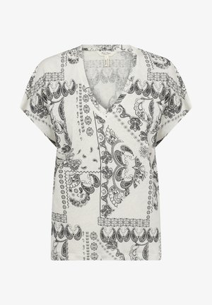 White V-neck top with short sleeves, featuring a black paisley pattern and decorative borders. Soft, lightweight fabric with a relaxed fit.