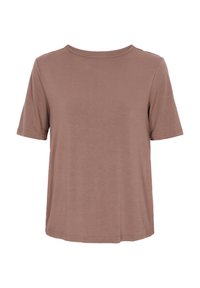 Brun kortærmet t-shirt med rund halsudskæring, lavet af blødt stof, har en afslappet pasform og lige kant. Ingen mønstre eller accenter.