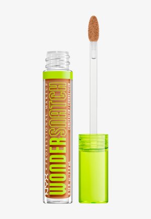 Klare Tube des NYX Professional Makeup Wondersnatch Concealers mit limettengrüner Kappe und Applikatorstab, die braunen Concealer zeigt.