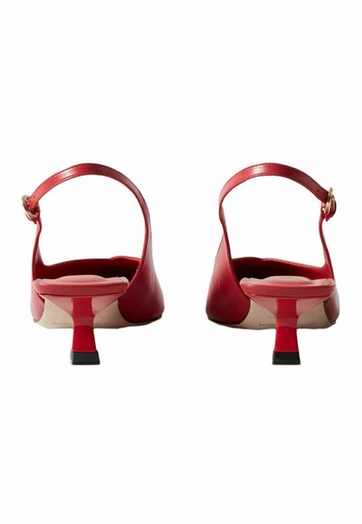 Un par de zapatos de tacón kitten rojo con tiras de hebilla dorada, vistos desde atrás contra un fondo blanco.