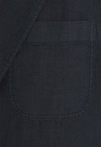 Dettaglio ravvicinato di una tasca in tessuto nero con cuciture visibili su un indumento, che mette in evidenza la texture e i dettagli delle cuciture.