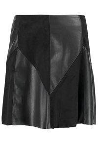 Jupe en cuir noir présentant une combinaison de textures avec des panneaux lisses et en daim, un design évasé et des détails en motif géométrique.