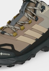 Μπεζ και μαύρο ορειβατικό παπούτσι Adidas Terrex με ύφασμα Gore-Tex, γκρι κορδόνια με σχέδιο και ανθεκτική σόλα με πέλμα.
