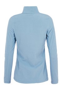 Giacca di pile azzurro chiaro con colletto alto, maniche lunghe e una texture liscia. Presenta dettagli delle cuciture e una vestibilità aderente.
